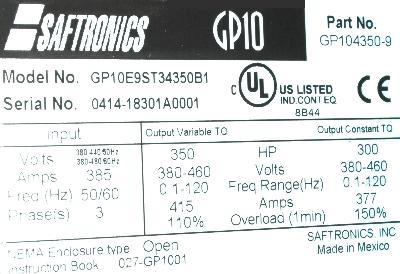 New Refurbished Exchange Repair  Saftronics Inverter-General Purpose GP10E9ST34350B1 Precision Zone