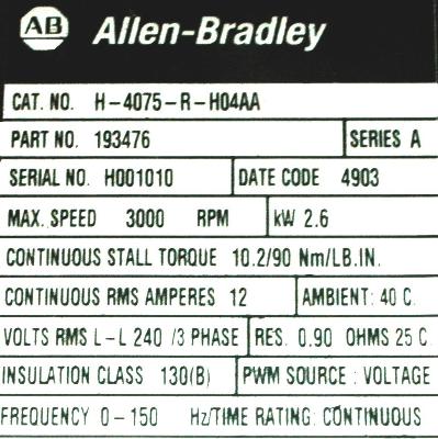 New Refurbished Exchange Repair  Allen-Bradley Motors-AC Servo H-4075-R-H04AA Precision Zone
