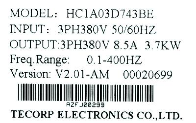 TECORP ELECTRONICS CO HC1A03D743BE label image