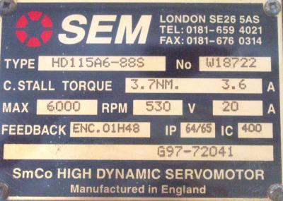 New Refurbished Exchange Repair  SEM Motors-AC Servo HD115A6-88S Precision Zone