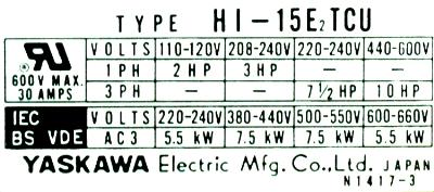 Yaskawa HI-15E2TCU-220V label image