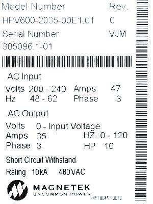 Magnetek HPV600-2035-00E1-01 label image