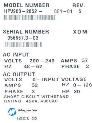 Magnetek HPV900-2052-0E1-01 label image