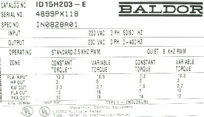 Baldor ID15H203-E label image