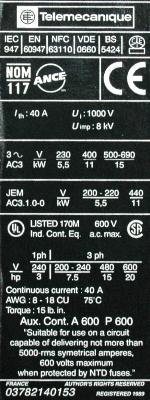 Telemecanique LC1D2501F7 label image