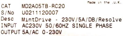 Baldor MD2A05TB-RC20 label image