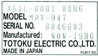 Totoku Electric MDT-947 label image