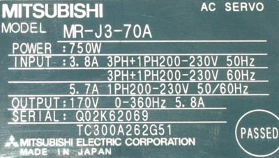 Mitsubishi MR-J3-70A label image