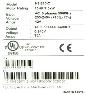Teco-Westinghouse N3-210-C label image