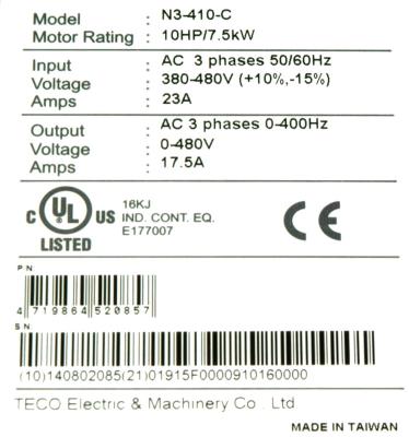 Teco-Westinghouse N3-410-C label image