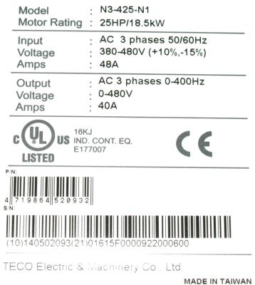 Teco-Westinghouse N3-425-N1 label image