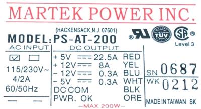 Martek Power Inc. PS-AT-200 label image