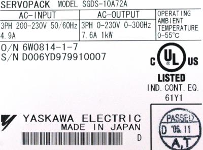 Yaskawa SGDS-10A72A label image