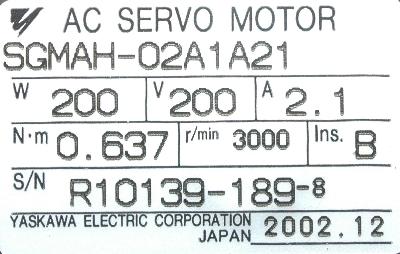 Yaskawa SGMAH-02A1A21 label image