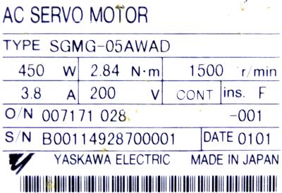 New Refurbished Exchange Repair  Yaskawa Motors-AC Servo SGMG-05AWAD Precision Zone