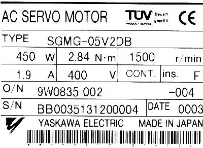 Yaskawa SGMG-05V2DB label image