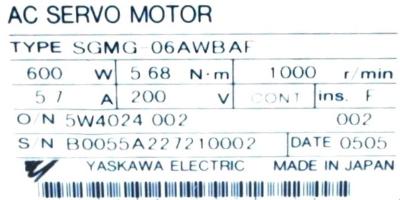 Yaskawa SGMG-06AWBAF label image