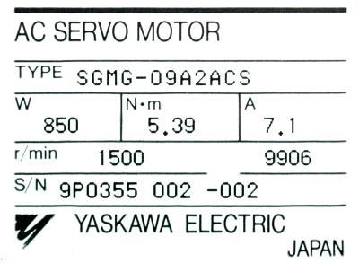 Yaskawa SGMG-09A2ACS label image