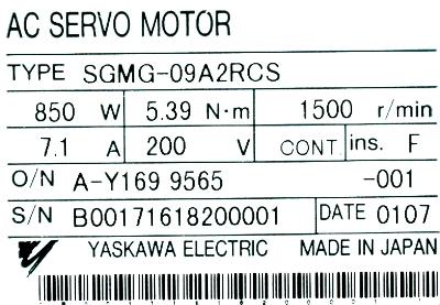 Yaskawa SGMG-09A2RCS label image