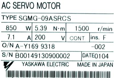 Yaskawa SGMG-09ASRCS label image