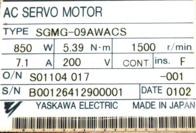 Yaskawa SGMG-09AWACS label image