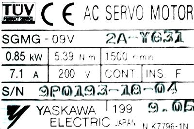 Yaskawa SGMG-09V2A-YG31 label image