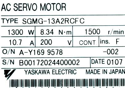 Yaskawa SGMG-13A2RCFC label image