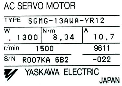 Yaskawa SGMG-13AWA-YR12 label image