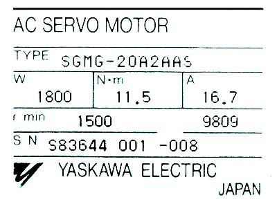 Yaskawa SGMG-20A2AAS label image