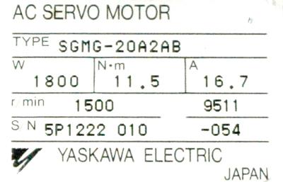 Yaskawa SGMG-20A2AB label image