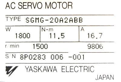 Yaskawa SGMG-20A2ABB label image