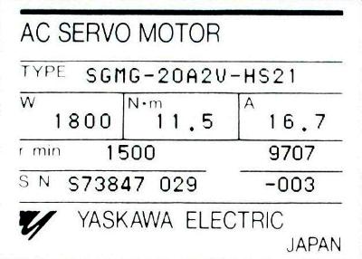 Yaskawa SGMG-20A2V-HS21 label image