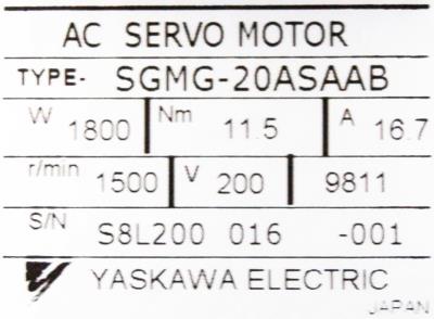 Yaskawa SGMG-20ASAAB label image