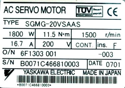 Yaskawa SGMG-20VSAAS label image