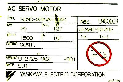 Yaskawa SGMG-2ZAWV-NJ21 label image