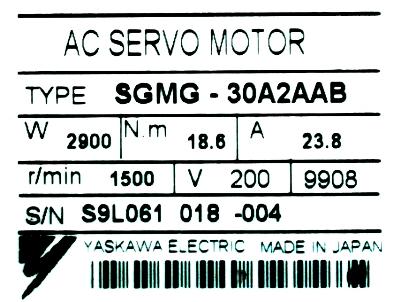 Yaskawa SGMG-30A2AAB label image