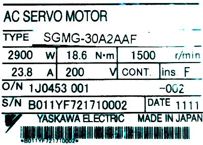 Yaskawa SGMG-30A2AAF label image