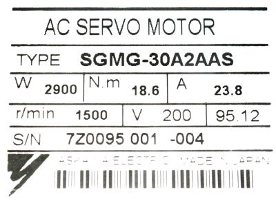 Yaskawa SGMG-30A2AAS label image