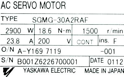 Yaskawa SGMG-30A2RAF label image