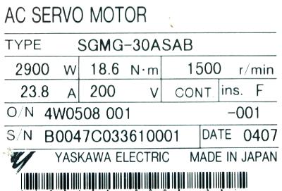 Yaskawa SGMG-30ASAB label image