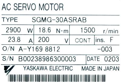 Yaskawa SGMG-30ASRAB label image