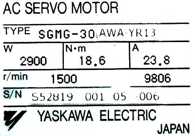 Yaskawa SGMG-30AWA-YR13 label image