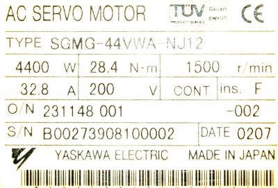 Yaskawa SGMG-44VWA-NJ12 label image