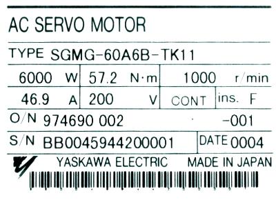 Yaskawa SGMG-60A6B-TK11 label image