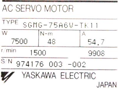 Yaskawa SGMG-75A6V-TK11 label image