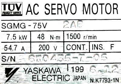 Yaskawa SGMG-75V2AB label image