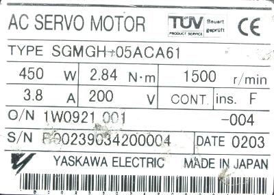 Yaskawa SGMGH-05ACA61 label image