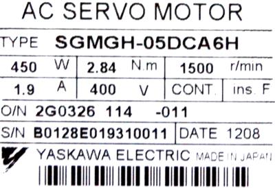 Yaskawa SGMGH-05DCA6H label image