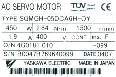 Yaskawa SGMGH-05DCA6H-OY label image