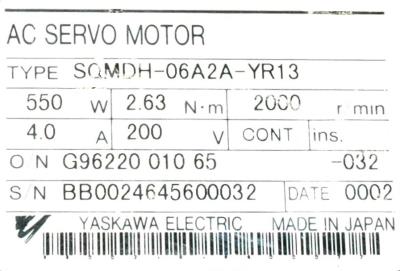 Yaskawa SGMGH-06A2A-YR13 label image